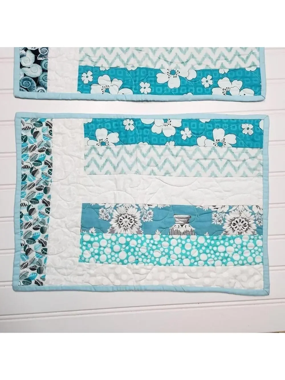 Handmade | Aqua & White Machine Quilted Striped Placemats Set of 2 - 16 x 12 In